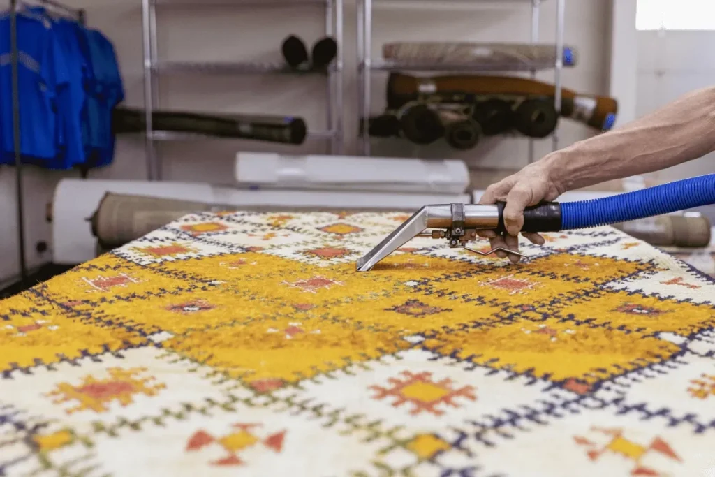 A cleaning wand drawn across the pile of a patterned wool rug